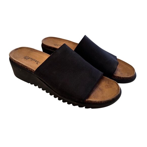 Via Nature Stretch Black Slip on Sandal SIze 7 EU Cork Suede Instep Wedge - Picture 2 of 9